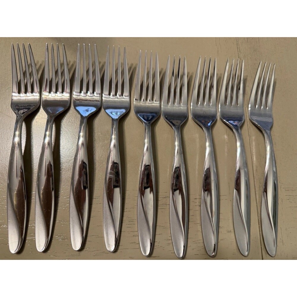 Oneida Set Of 9 SIMMER Stainless Glossy Frosted Swirl Dinner Forks 8"